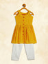 Girl's Mustard Striped Handloom Kurta With Cream Pyjama Set